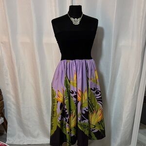 Strapless Black and Floral Midi Dress